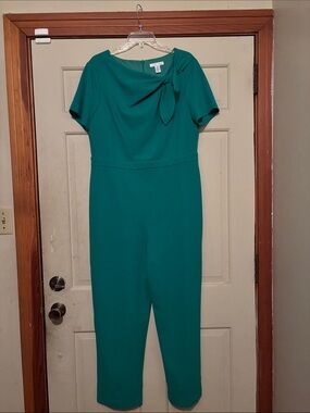 London Times Teal Tie-Neck Short Sleeve Jumpsuit